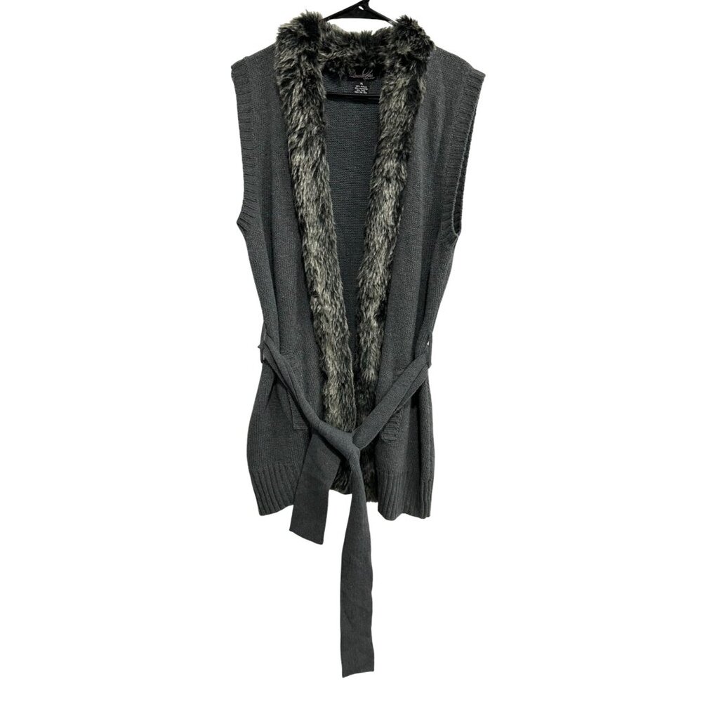 Questions Gray Faux Fur Trim Open Front Belted Sweater Vest Sz XL